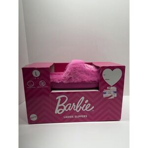Barbie Fuzzy Slippers Pink Size L  8-9Women's Rubber Sole NIB Heart Sparkles